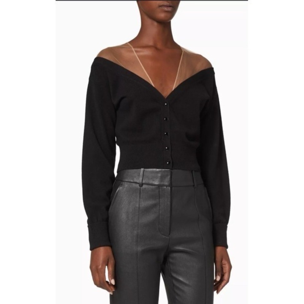 Alexander Wang Cropped Sweater Black S‎ Fitted Yoke Mesh Wool Cashmere Classic